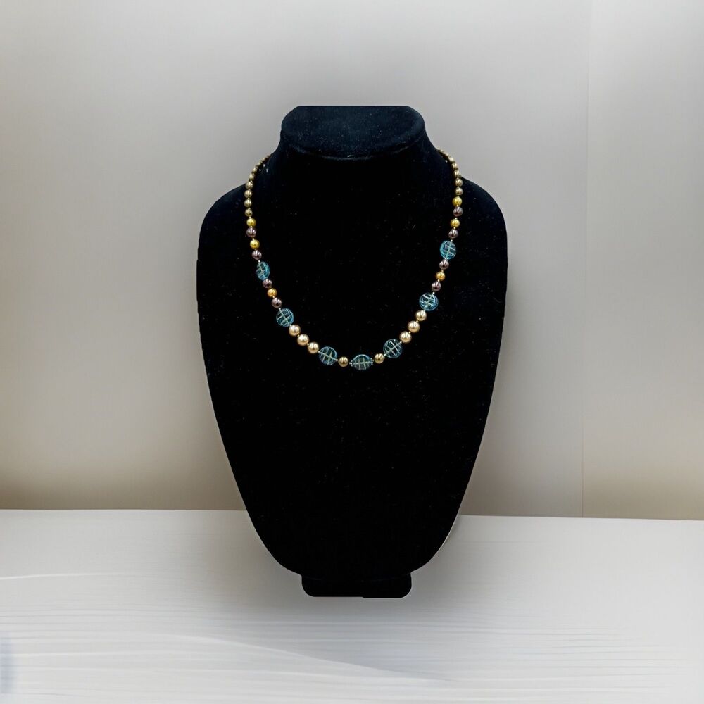 Multicolor Beaded Choker Necklace Blue Grid Glass Gold & Brown Beads Statement